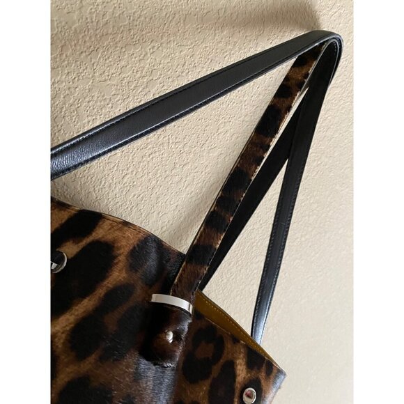 Jimmy Choo Leopard Twist Tote Suede Leather Trim Calf Hair Mustard Yellow Italy - Picture 13 of 16